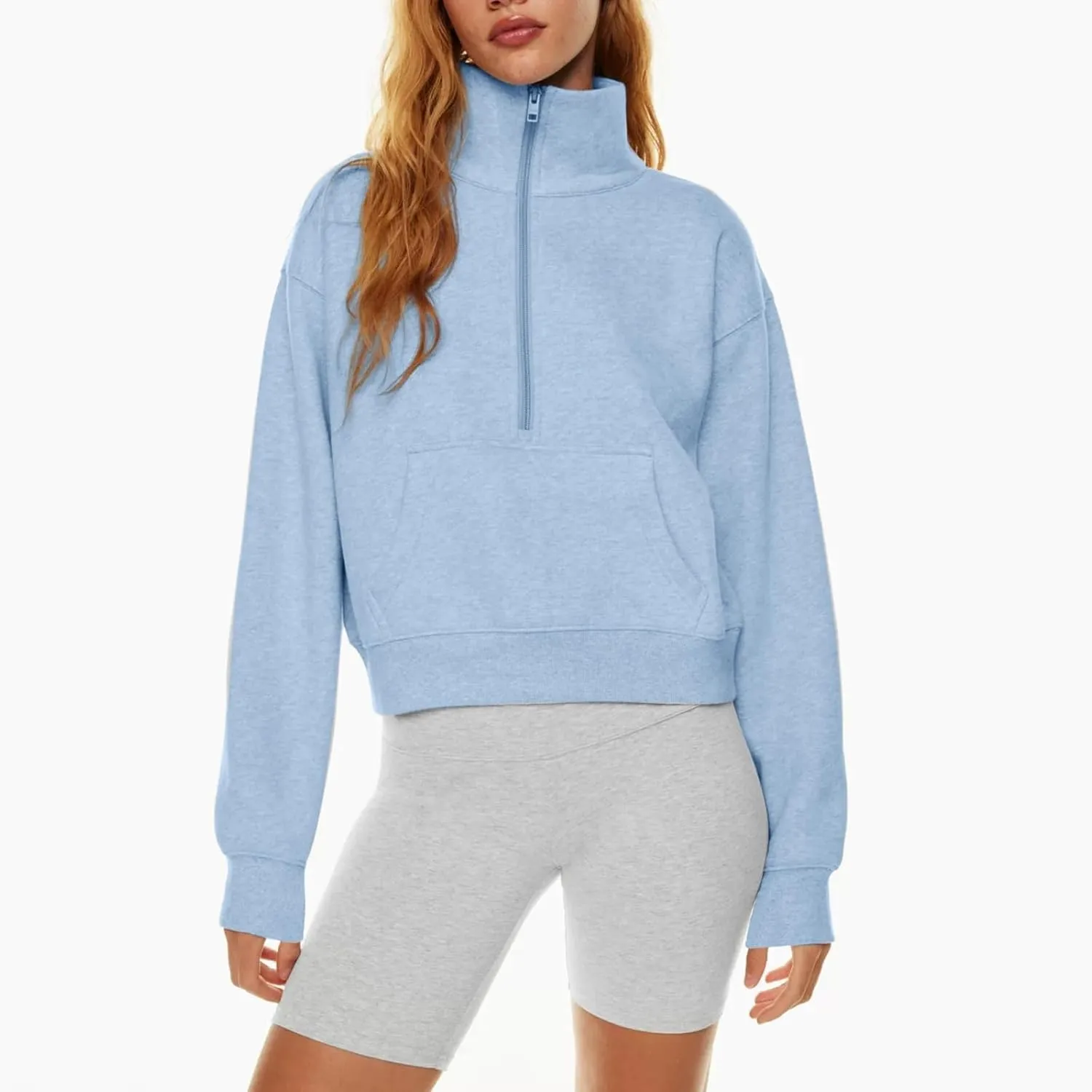 Quarter Zip Pullover Womens Cropped Sweatshirts Half Zip Pullover Women High Neck Oversized Sweatshirt With Pocket