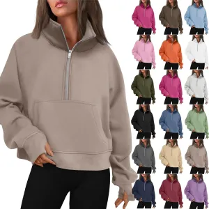 Quarter Zip Pullover Womens Cropped Sweatshirts Half Zip Pullover Women High Neck Oversized Sweatshirt With Pocket