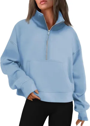 Quarter Zip Pullover Womens Cropped Sweatshirts Half Zip Pullover Women High Neck Oversized Sweatshirt With Pocket