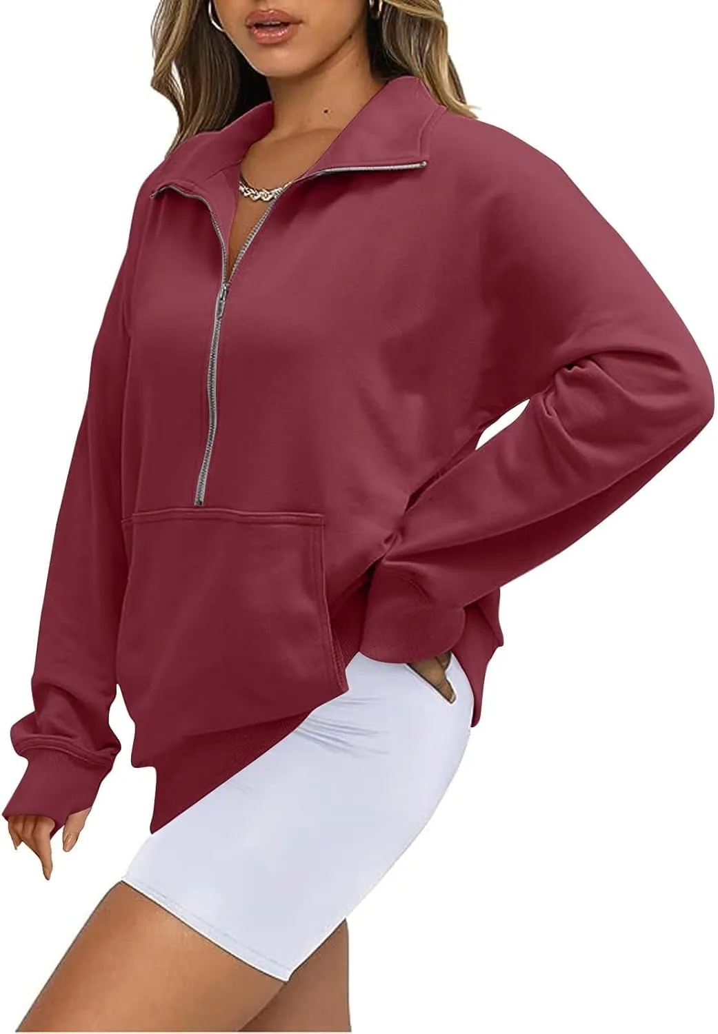Quarter Zip Pullover Womens Cropped Sweatshirts Half Zip Pullover Women High Neck Oversized Sweatshirt With Pocket