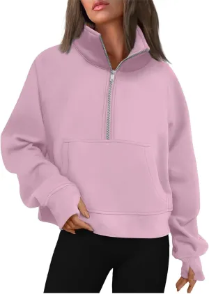 Quarter Zip Pullover Womens Cropped Sweatshirts Half Zip Pullover Women High Neck Oversized Sweatshirt With Pocket