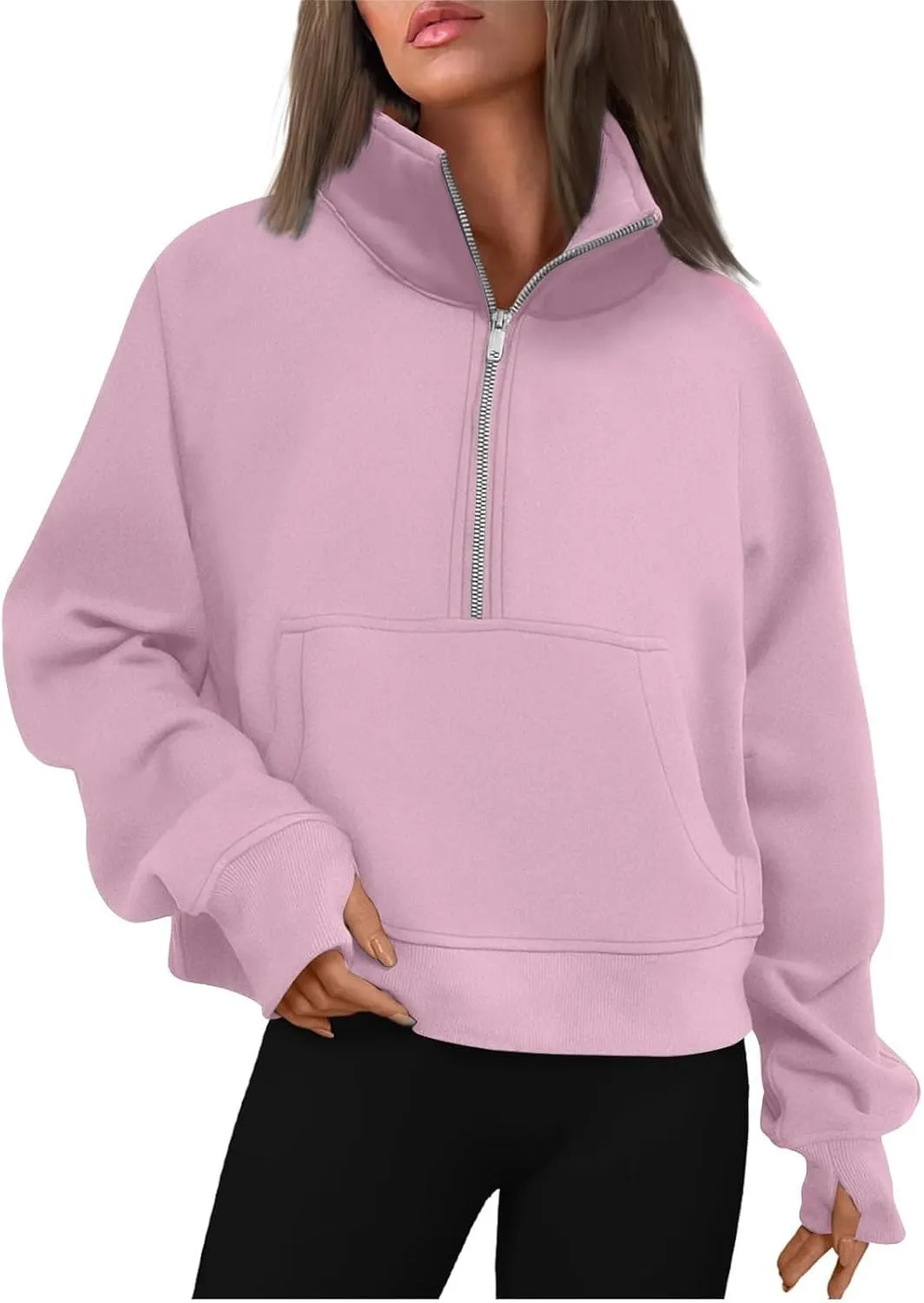 Quarter Zip Pullover Womens Cropped Sweatshirts Half Zip Pullover Women High Neck Oversized Sweatshirt With Pocket