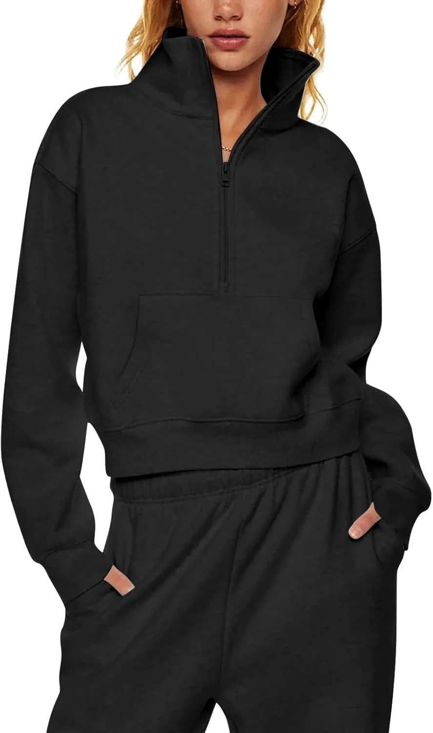 Quarter Zip Pullover Womens Cropped Sweatshirts Half Zip Pullover Women High Neck Oversized Sweatshirt With Pocket