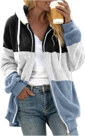 QWENTMTNTY Womens Fuzzy Teddy Coat House Thermal Coats Lightweight Sherpa Lined Sweater Coats Winter Coats with Fur Hood