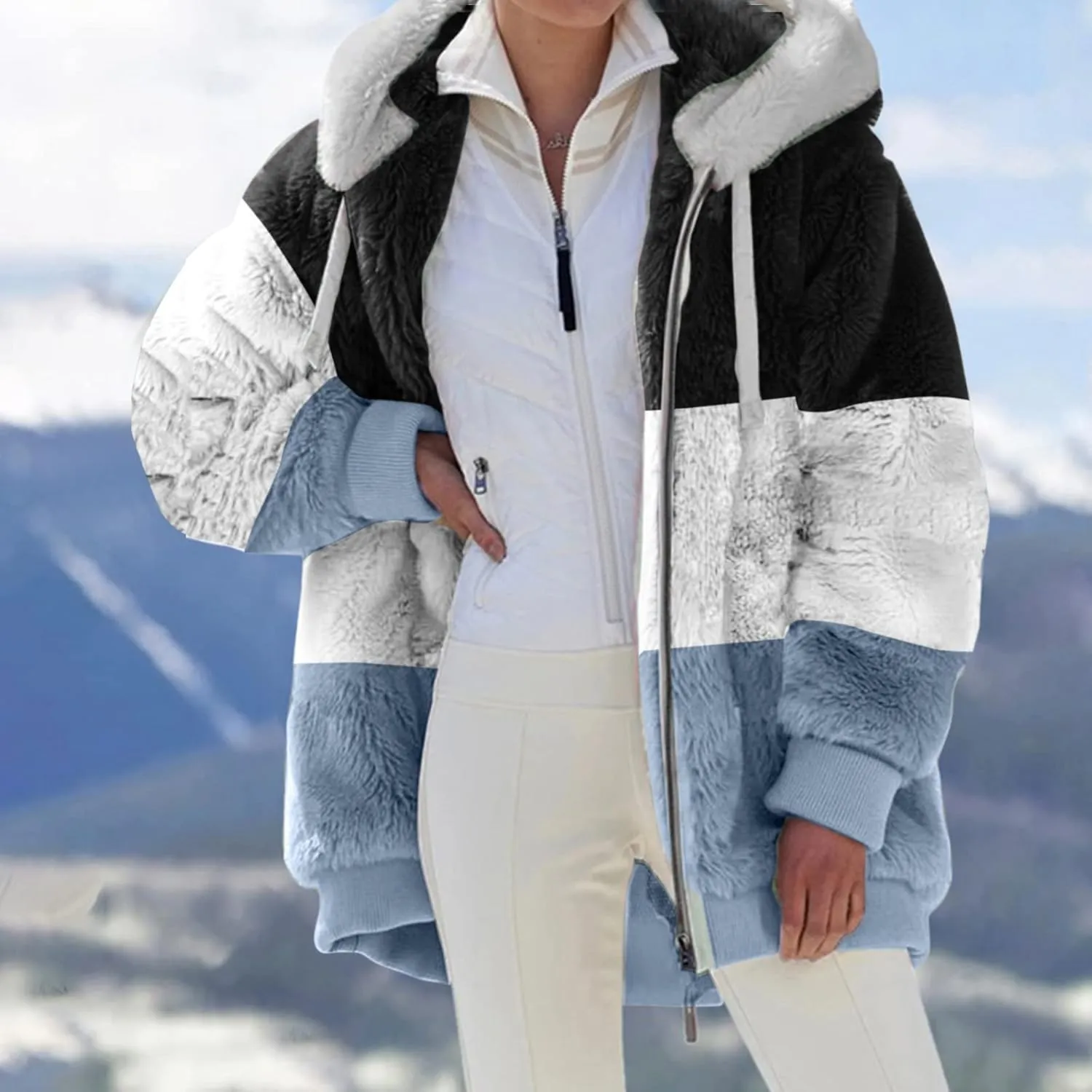 QWENTMTNTY Womens Fuzzy Teddy Coat House Thermal Coats Lightweight Sherpa Lined Sweater Coats Winter Coats with Fur Hood