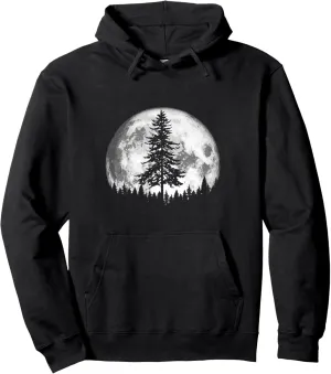 Retro Full Moon & Minimalist Pine Tree Vintage Graphic Pullover Hoodie