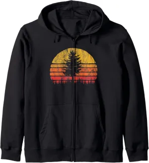 Retro Sun Minimalist Pine Tree Vintage Graphic Zip Hoodie