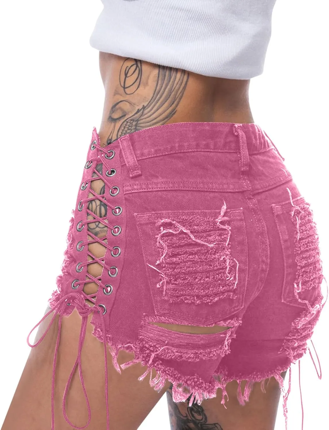 Ripped Jean Shorts Women Lace Up Sexy Bandage Jean Shorts with Pockets Casual Summer Raw Hem High Waisted Hot Jeans