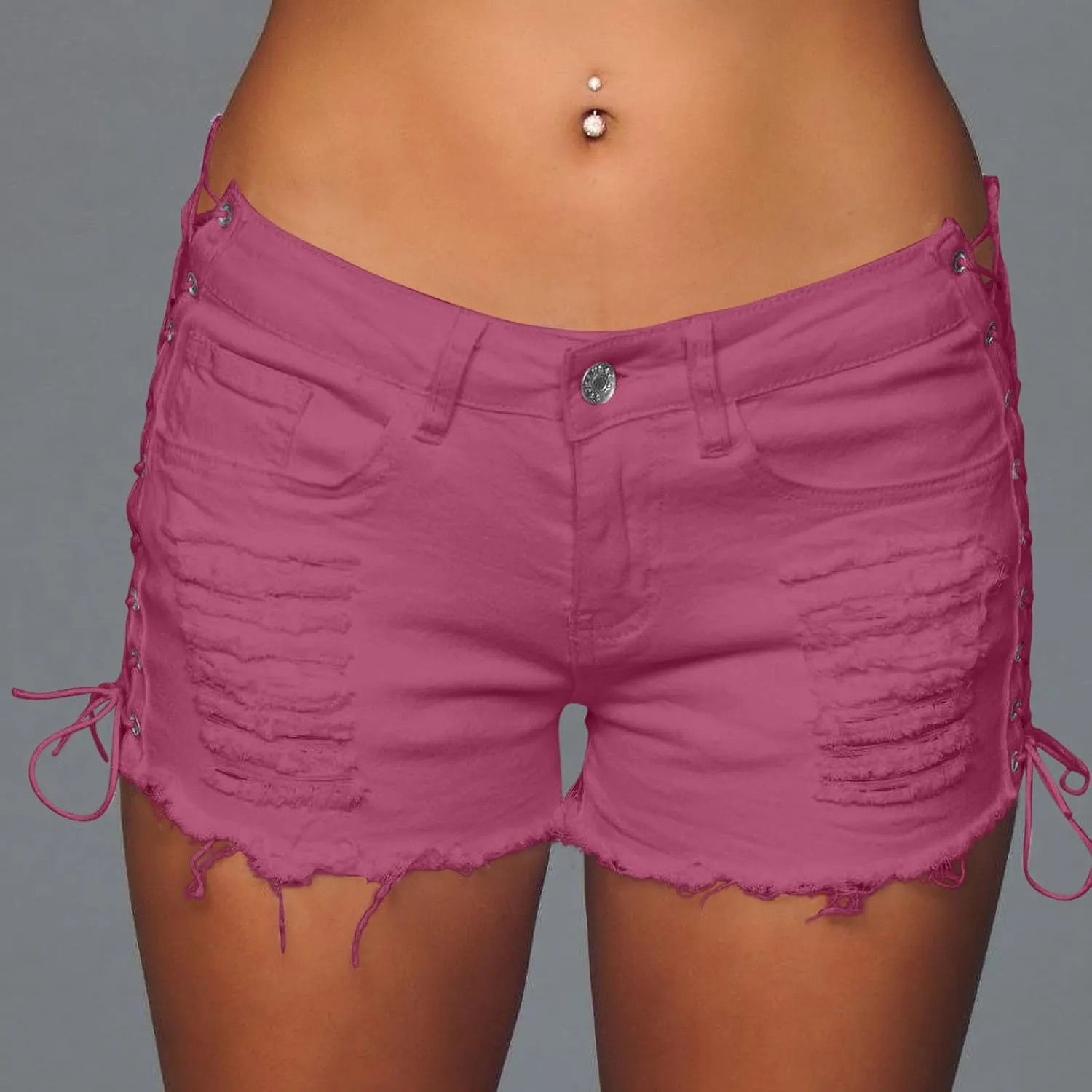 Ripped Jean Shorts Women Lace Up Sexy Bandage Jean Shorts with Pockets Casual Summer Raw Hem High Waisted Hot Jeans