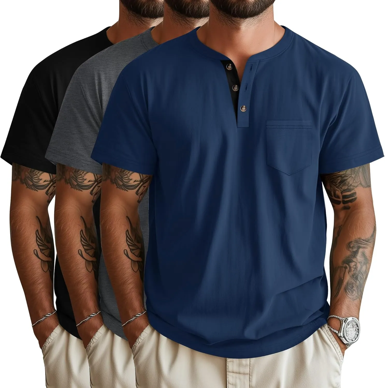 Riyiper 3 Pack Men's Henley T-Shirts Short Sleeve Pocket Cotton Classic Tops Casual Basic Tees with Button Summer Trendy