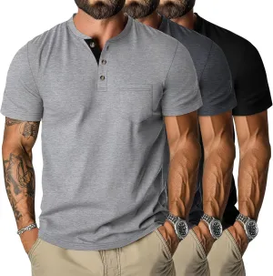 Riyiper 3 Pack Men's Henley T-Shirts Short Sleeve Pocket Cotton Classic Tops Casual Basic Tees with Button Summer Trendy