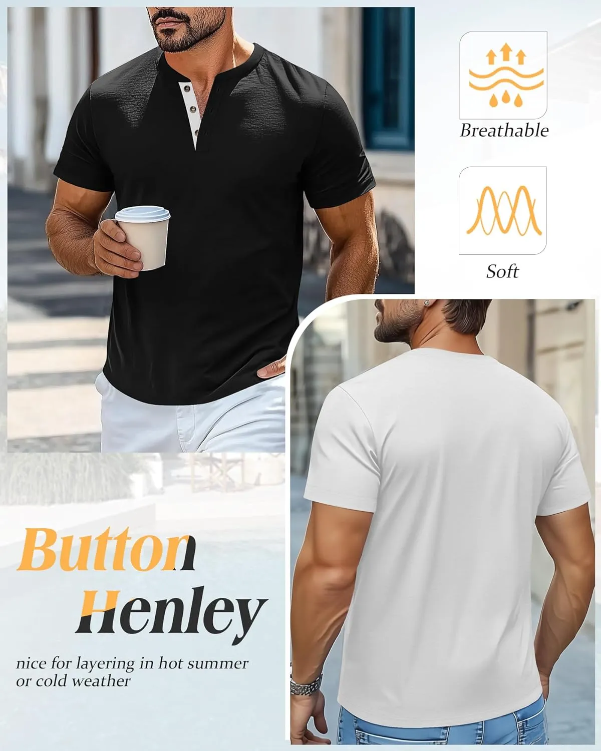 Riyiper 3 Pack Men's Henley T-Shirts Short Sleeve Pocket Cotton Classic Tops Casual Basic Tees with Button Summer Trendy