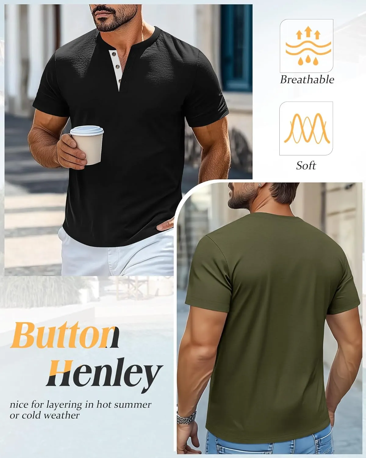 Riyiper 3 Pack Men's Henley T-Shirts Short Sleeve Pocket Cotton Classic Tops Casual Basic Tees with Button Summer Trendy