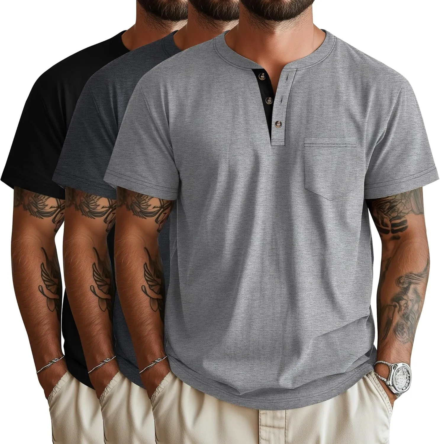 Riyiper 3 Pack Men's Henley T-Shirts Short Sleeve Pocket Cotton Classic Tops Casual Basic Tees with Button Summer Trendy
