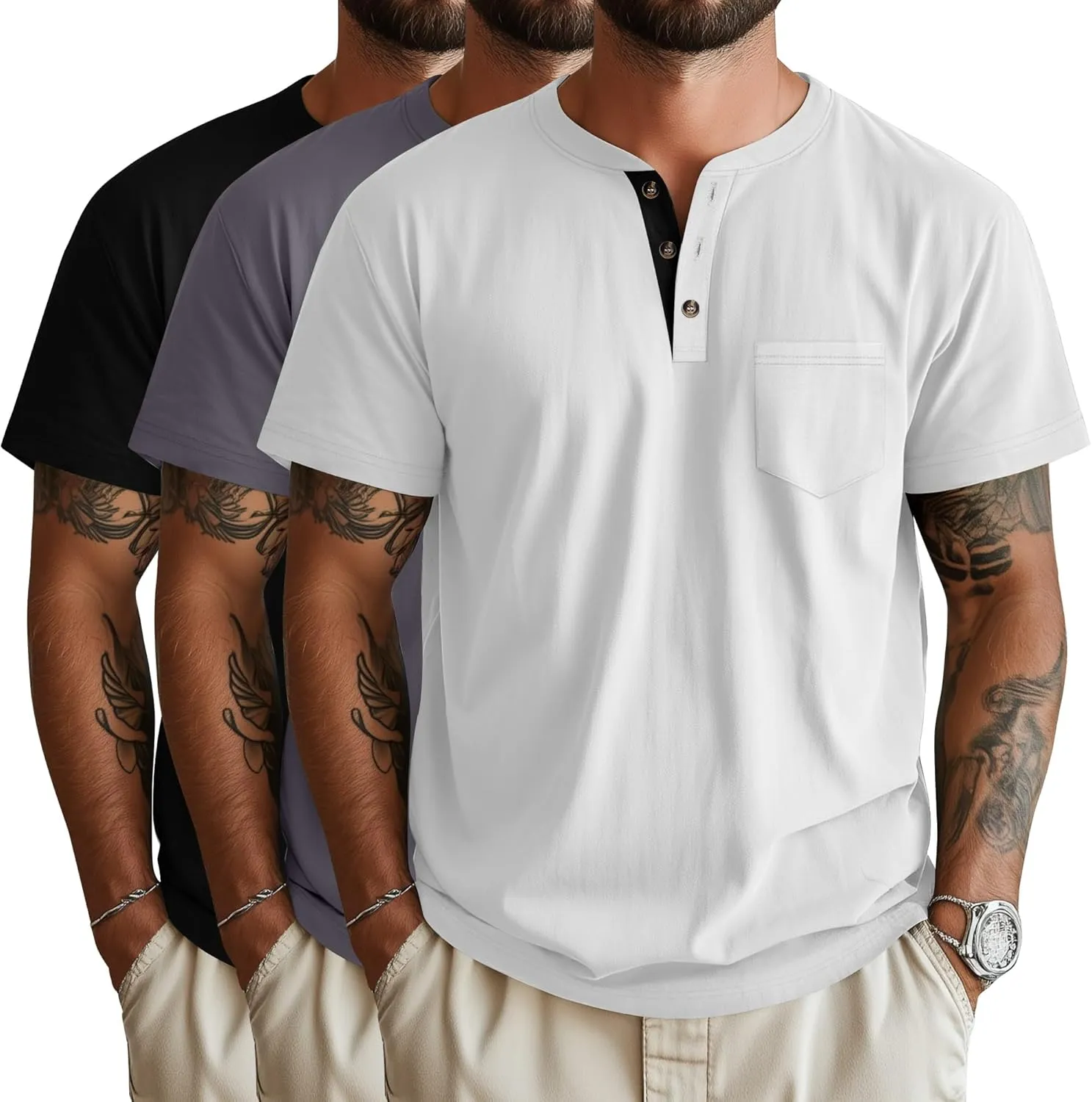 Riyiper 3 Pack Men's Henley T-Shirts Short Sleeve Pocket Cotton Classic Tops Casual Basic Tees with Button Summer Trendy
