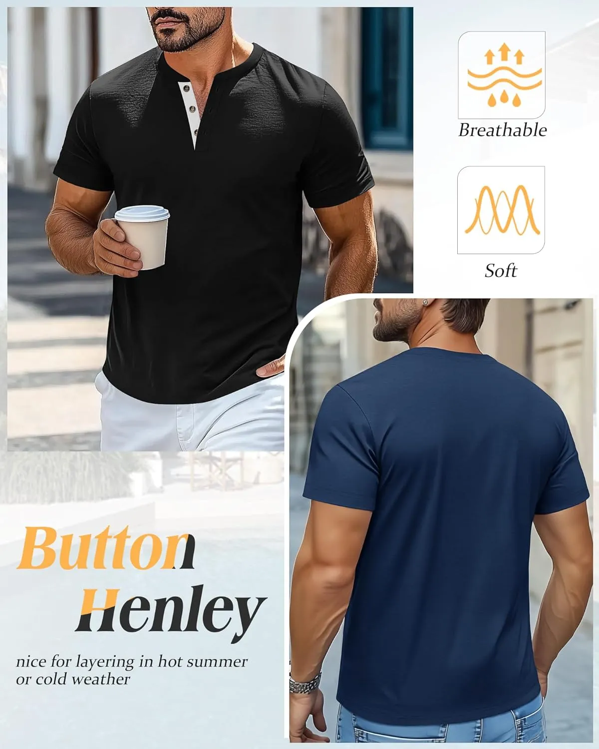 Riyiper 3 Pack Men's Henley T-Shirts Short Sleeve Pocket Cotton Classic Tops Casual Basic Tees with Button Summer Trendy