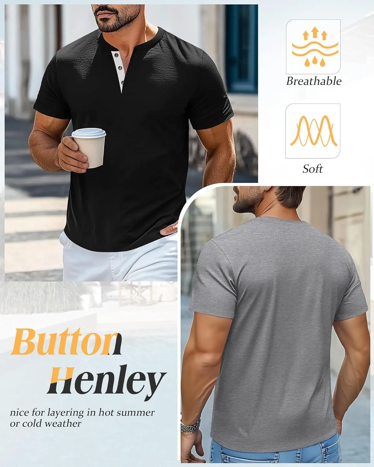 Riyiper 3 Pack Men's Henley T-Shirts Short Sleeve Pocket Cotton Classic Tops Casual Basic Tees with Button Summer Trendy