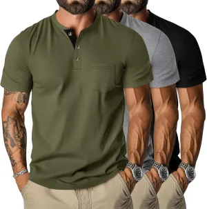 Riyiper 3 Pack Men's Henley T-Shirts Short Sleeve Pocket Cotton Classic Tops Casual Basic Tees with Button Summer Trendy