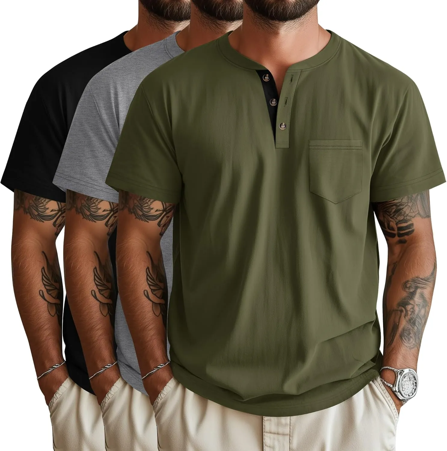 Riyiper 3 Pack Men's Henley T-Shirts Short Sleeve Pocket Cotton Classic Tops Casual Basic Tees with Button Summer Trendy