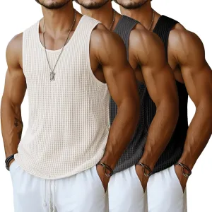 Riyiper 3 Pack Men's Waffle Knit Tank Tops, Casual Sleeveless Tank Shirts Summer Classic Beach T-Shirts Breathable Muscle Tee