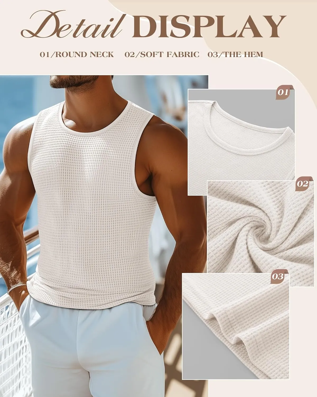 Riyiper 3 Pack Men's Waffle Knit Tank Tops, Casual Sleeveless Tank Shirts Summer Classic Beach T-Shirts Breathable Muscle Tee