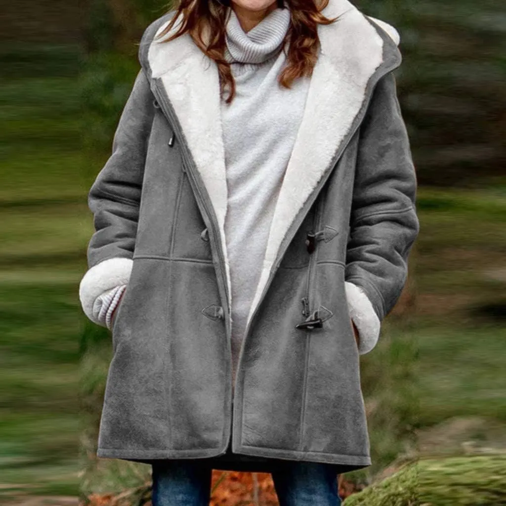 SHAOBGE Warm Jackets Size Plus Coat Horn Plus Long Solid Buckle Overcoat Sleeve Pocket Women Winter Velvet Women's Jacket