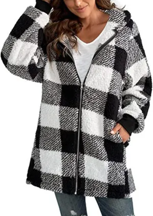Sherpa Plaid Jackets for Women Fuzzy Fleece Oversized Open Front Hooded Cardigan Full Zip Plush Warm Winter Coats