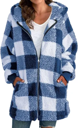 Sherpa Plaid Jackets for Women Fuzzy Fleece Oversized Open Front Hooded Cardigan Full Zip Plush Warm Winter Coats