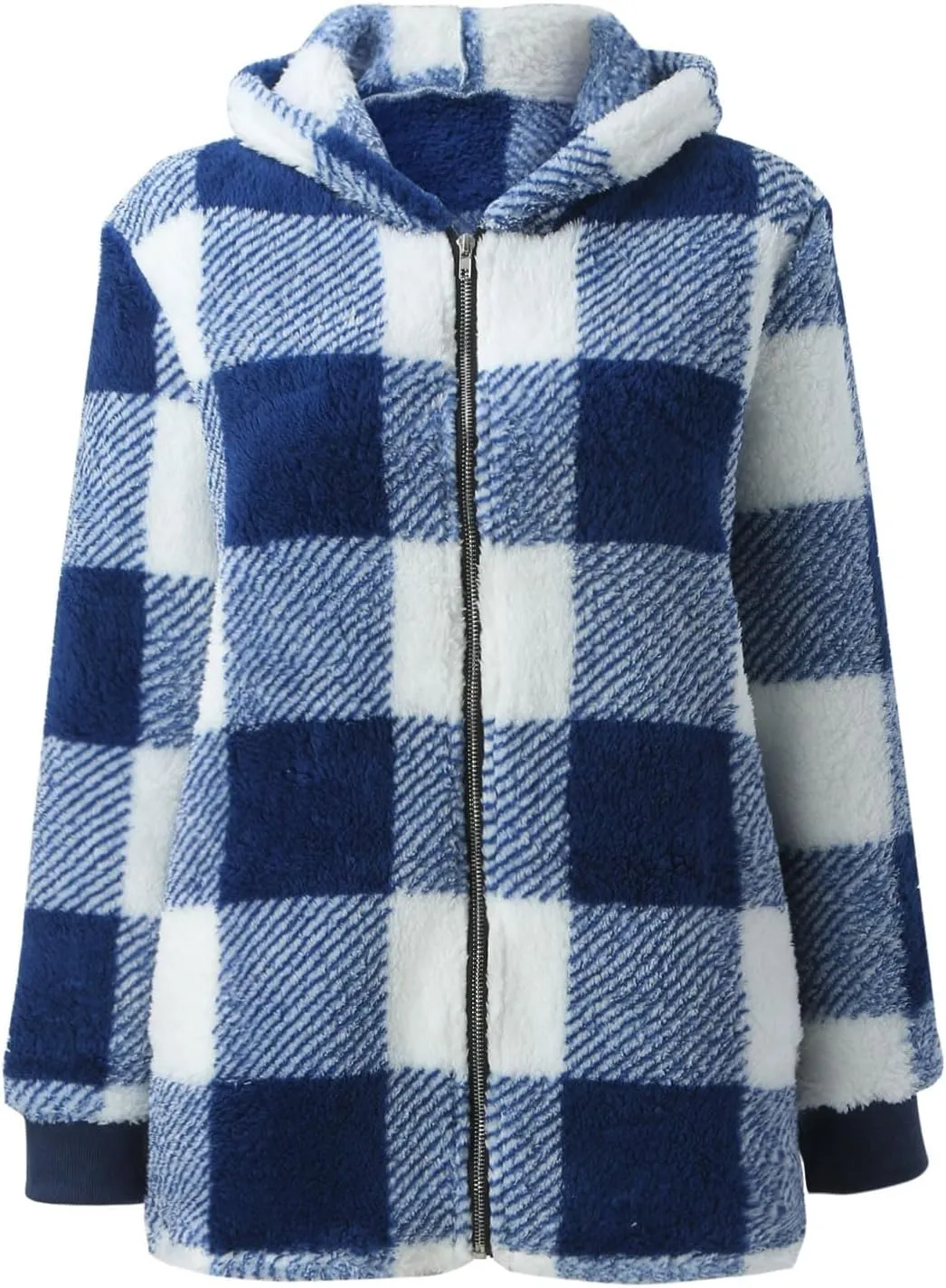 Sherpa Plaid Jackets for Women Fuzzy Fleece Oversized Open Front Hooded Cardigan Full Zip Plush Warm Winter Coats