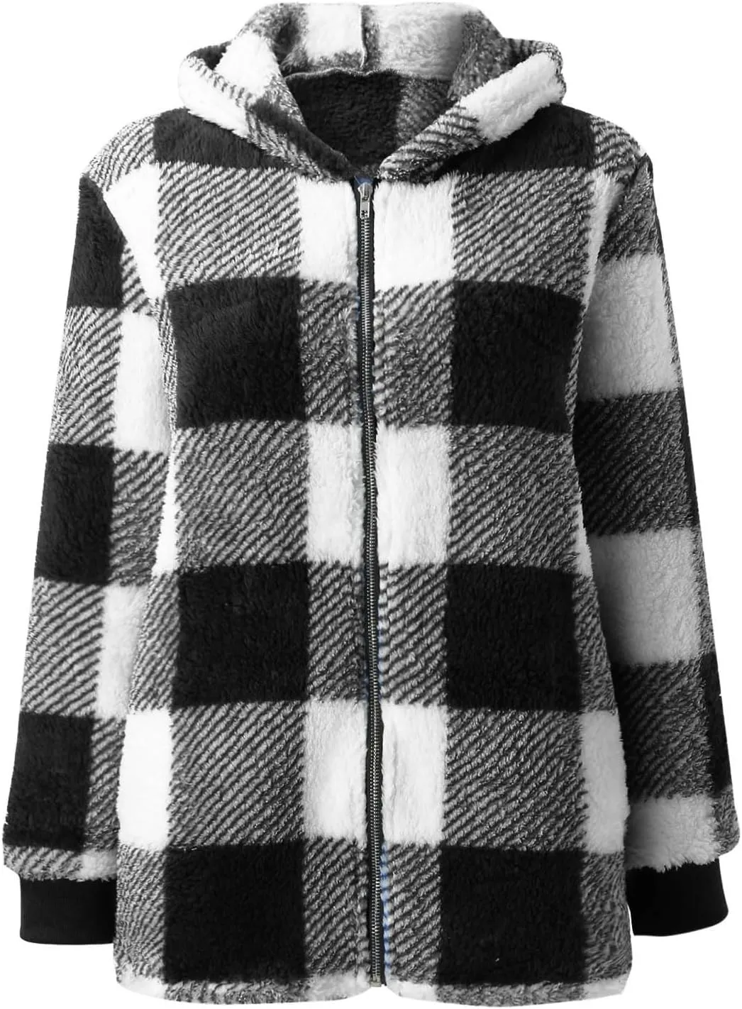 Sherpa Plaid Jackets for Women Fuzzy Fleece Oversized Open Front Hooded Cardigan Full Zip Plush Warm Winter Coats