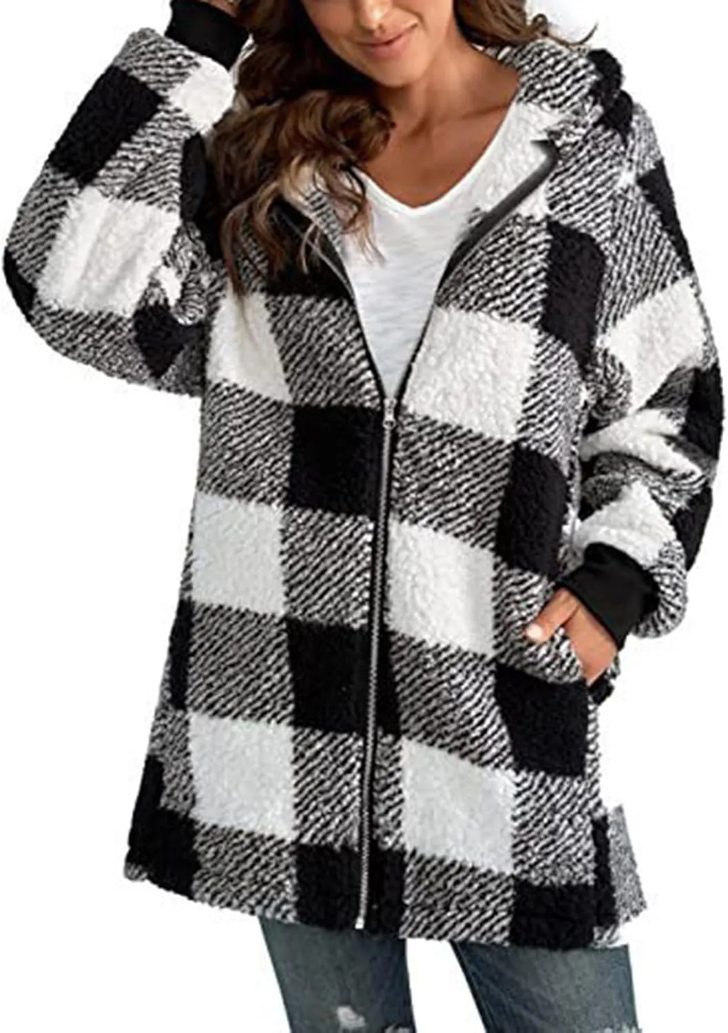 Sherpa Plaid Jackets for Women Fuzzy Fleece Oversized Open Front Hooded Cardigan Full Zip Plush Warm Winter Coats