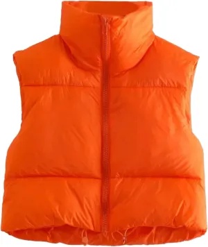 Shiyifa Women's Fashion High Neck Zipper Cropped Puffer Vest Jacket Coat