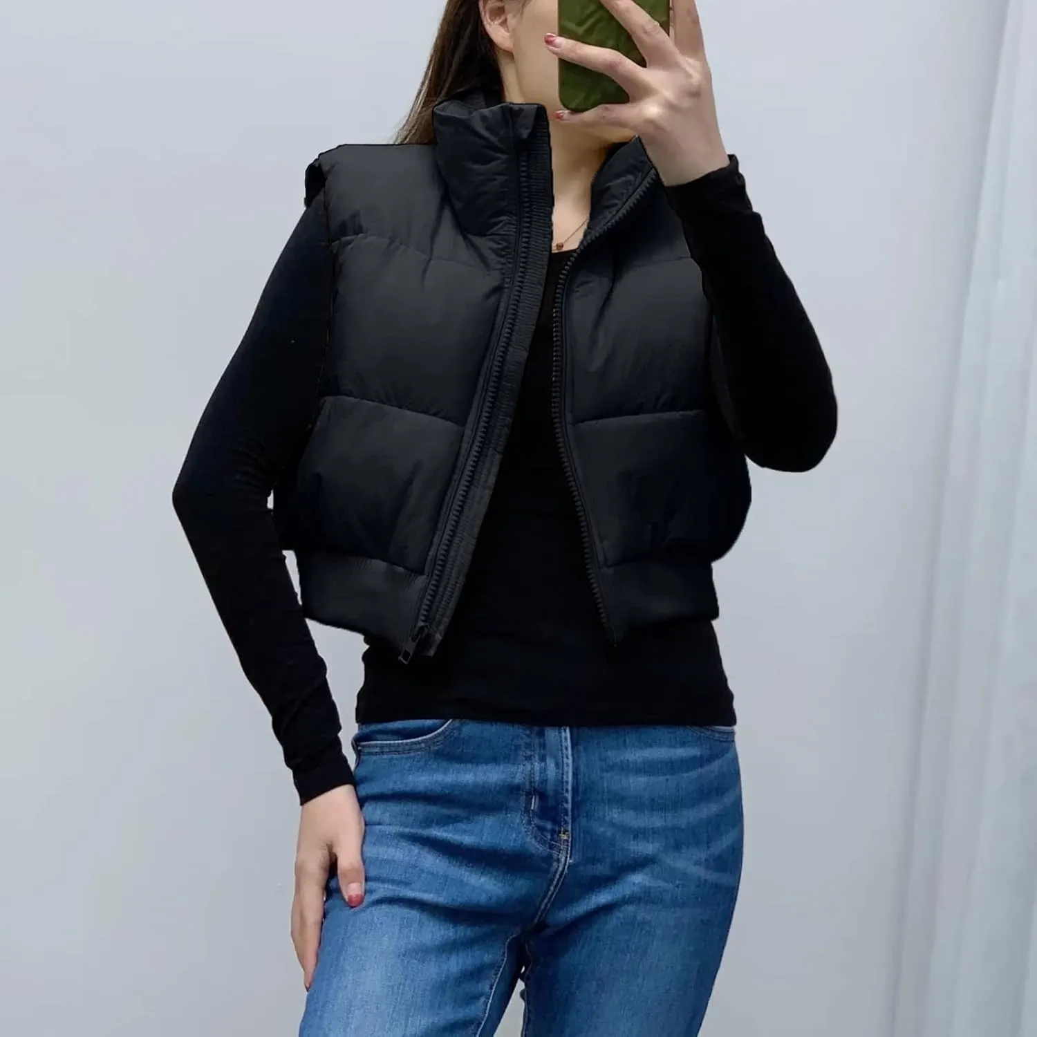 Shiyifa Women's Fashion High Neck Zipper Cropped Puffer Vest Jacket Coat