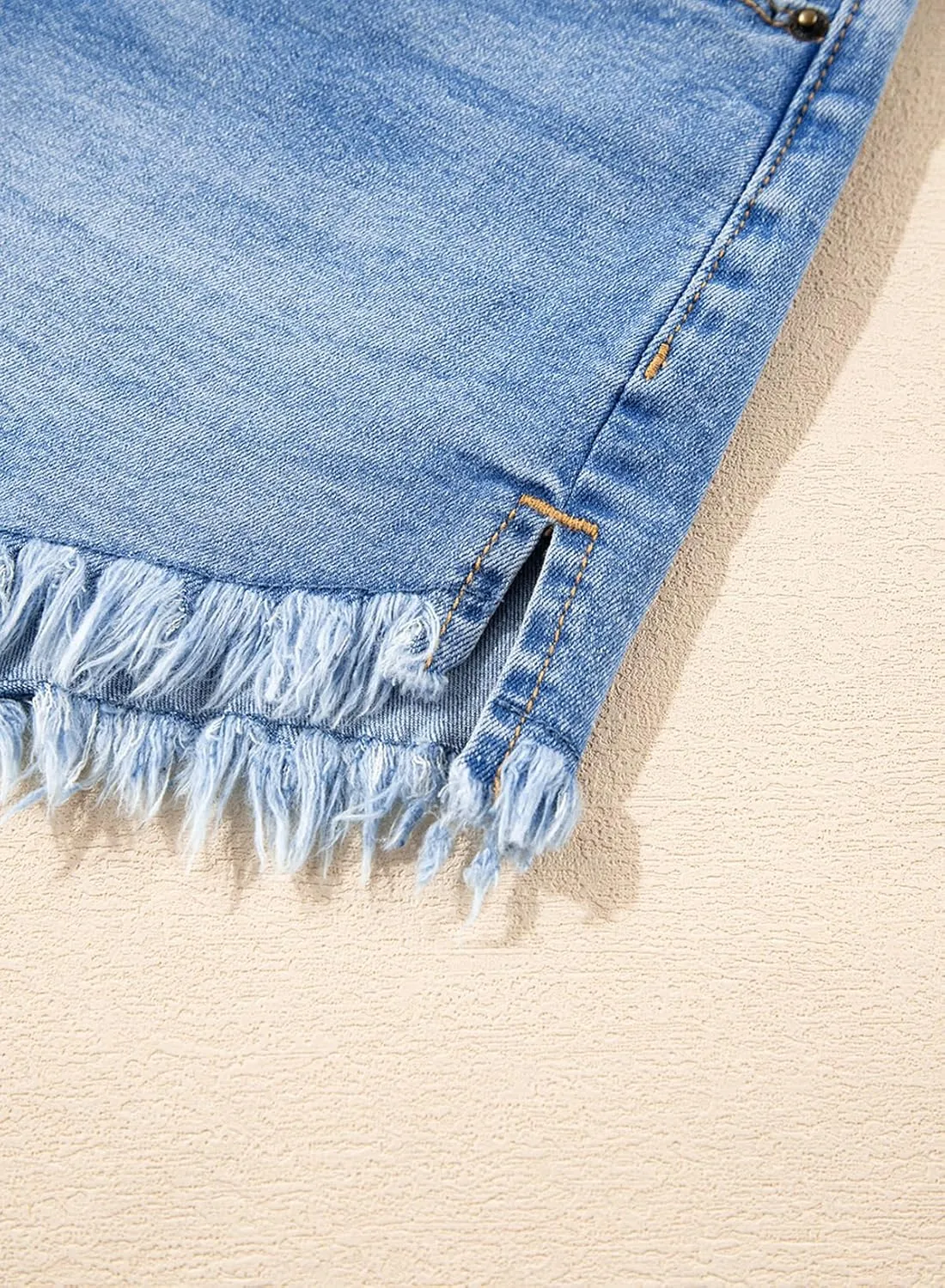 Sidefeel Women's Jean Shorts High Waisted Stretchy Raw Hem Buttoned Split Denim Shorts