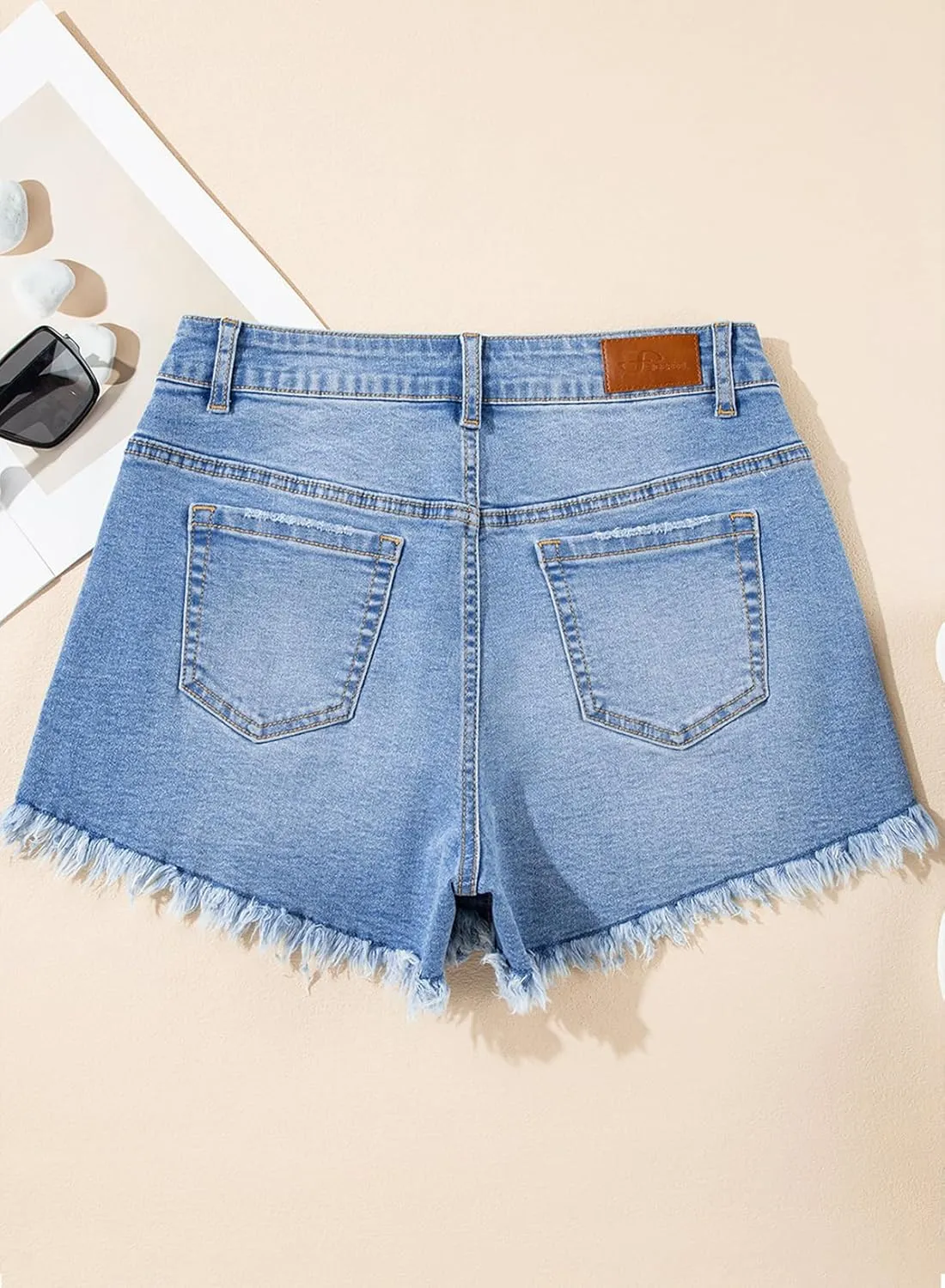 Sidefeel Women's Jean Shorts High Waisted Stretchy Raw Hem Buttoned Split Denim Shorts