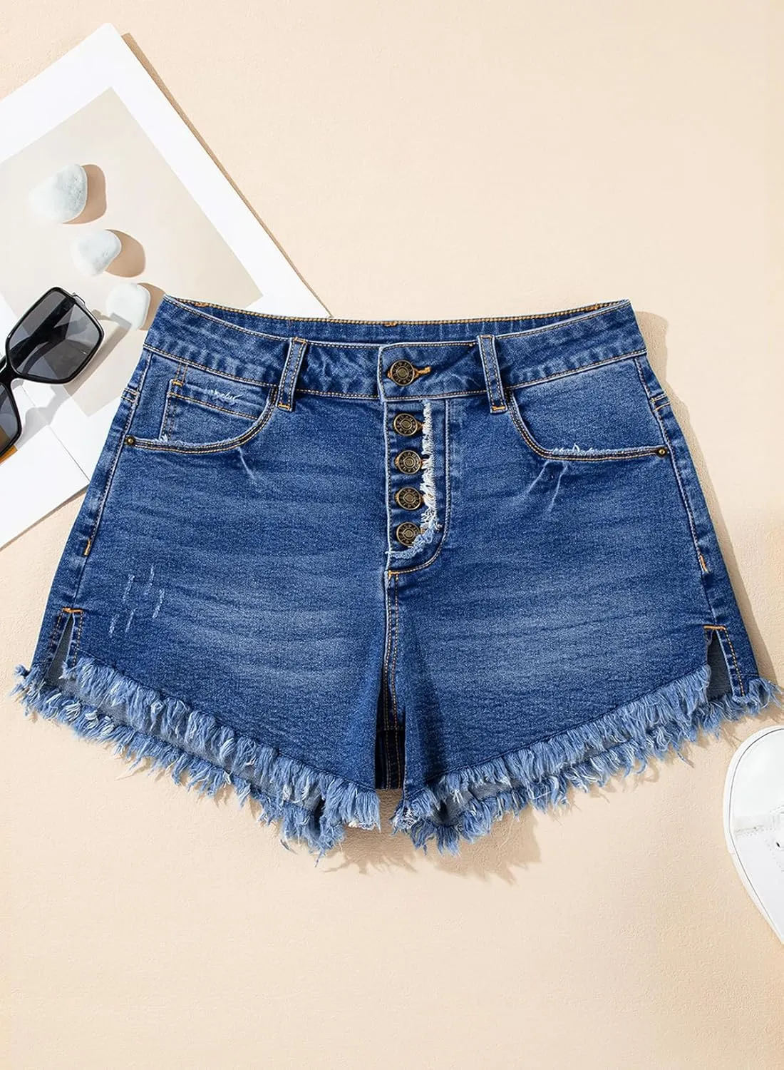 Sidefeel Women's Jean Shorts High Waisted Stretchy Raw Hem Buttoned Split Denim Shorts