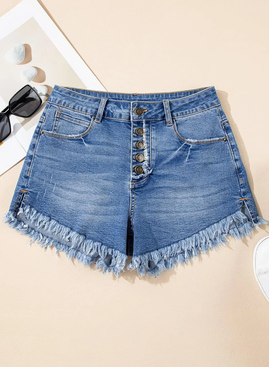 Sidefeel Women's Jean Shorts High Waisted Stretchy Raw Hem Buttoned Split Denim Shorts