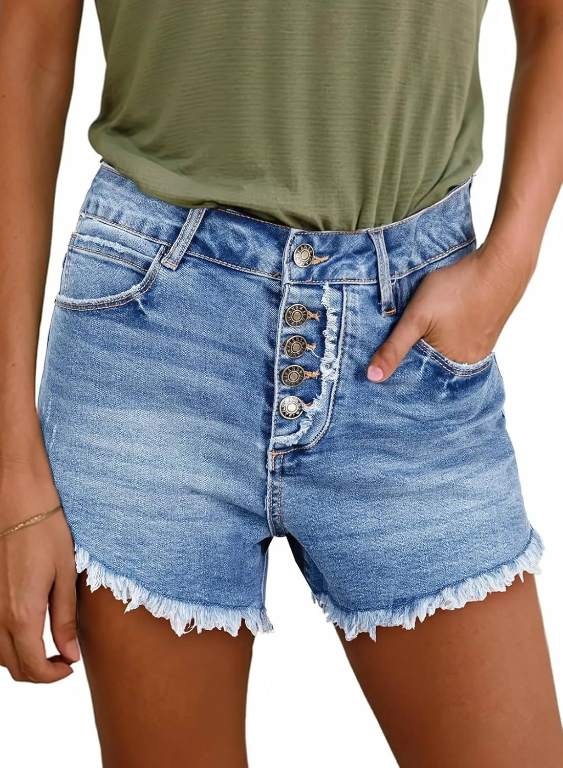 Sidefeel Women's Jean Shorts High Waisted Stretchy Raw Hem Buttoned Split Denim Shorts