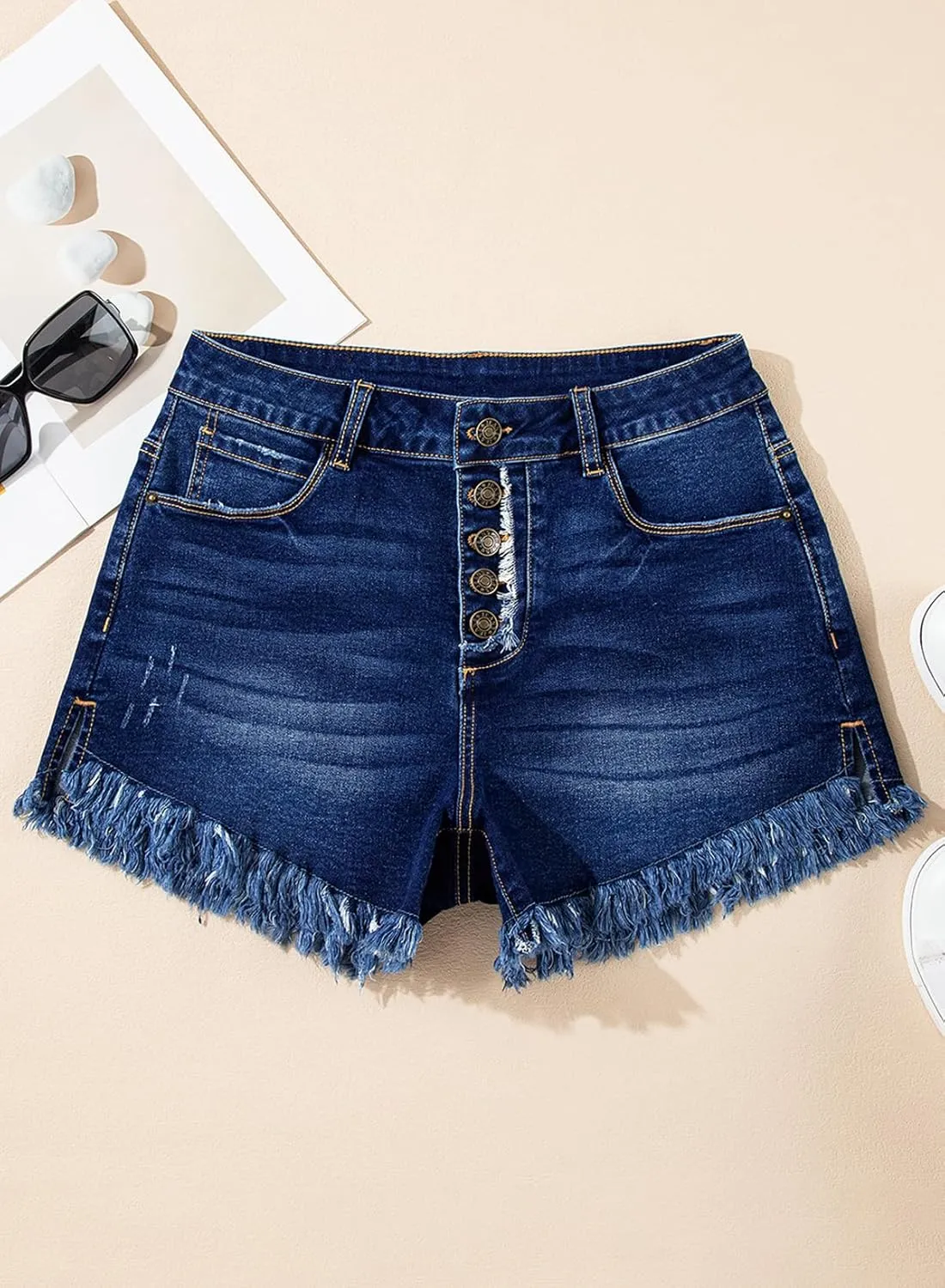 Sidefeel Women's Jean Shorts High Waisted Stretchy Raw Hem Buttoned Split Denim Shorts