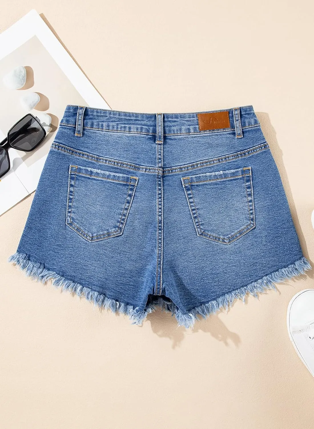 Sidefeel Women's Jean Shorts High Waisted Stretchy Raw Hem Buttoned Split Denim Shorts