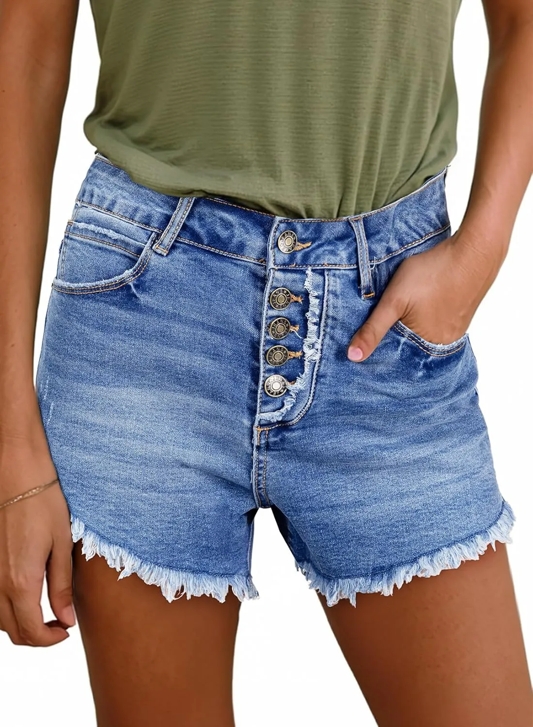 Sidefeel Women's Jean Shorts High Waisted Stretchy Raw Hem Buttoned Split Denim Shorts
