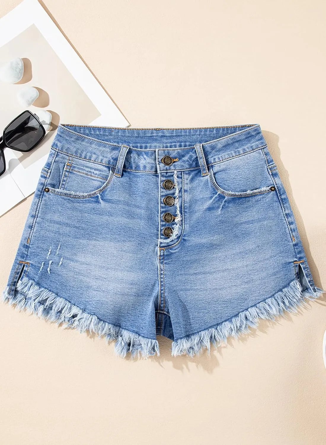 Sidefeel Women's Jean Shorts High Waisted Stretchy Raw Hem Buttoned Split Denim Shorts