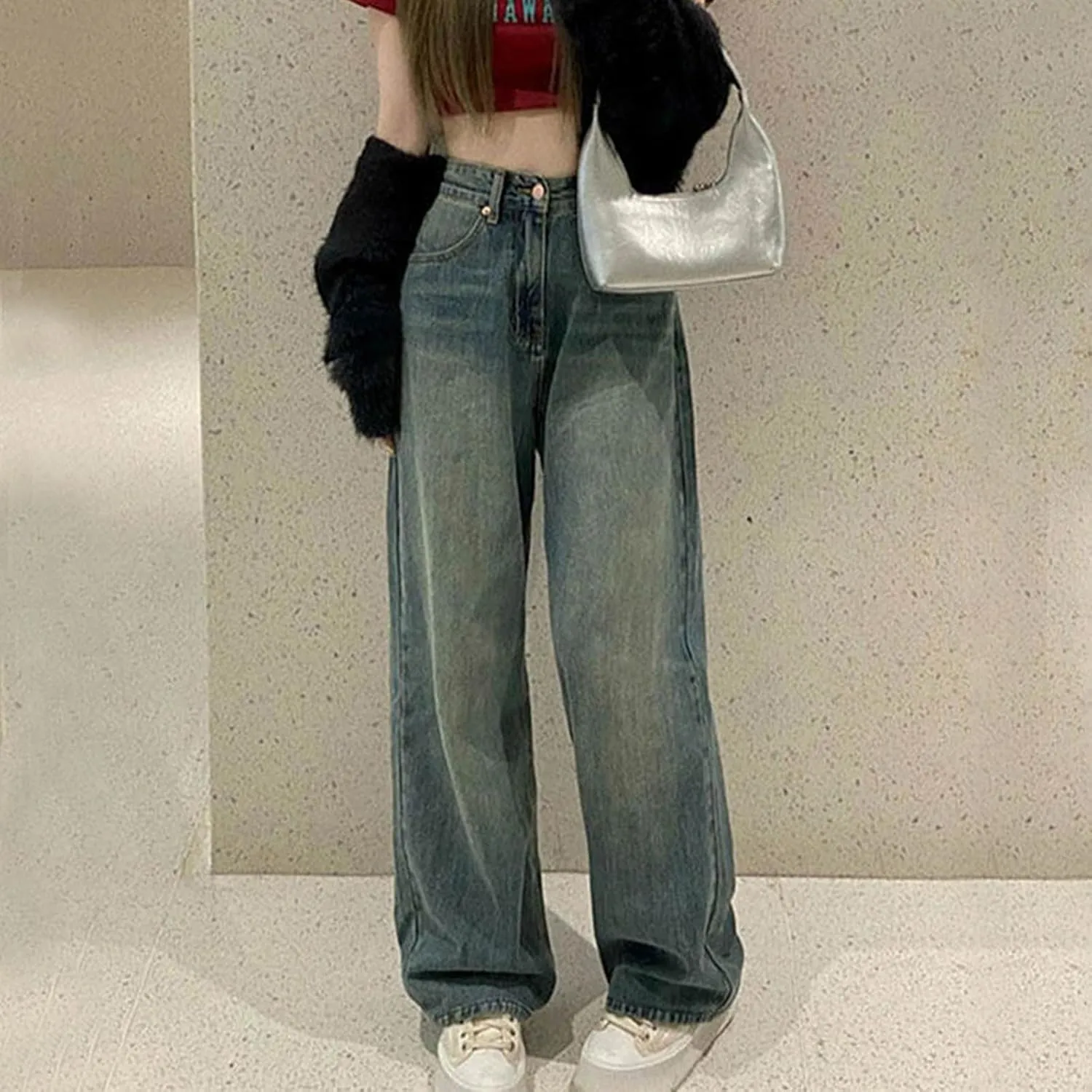 Straight Leg Jeans for Women High Waisted Boyfried Denim Pants Ripped Distressed with Pockets Baggy Jean Trousers