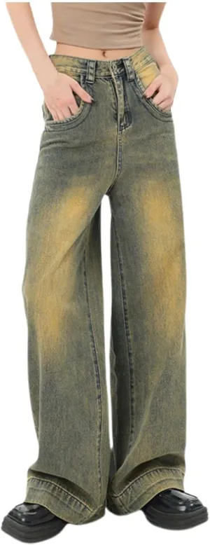 Straight Leg Jeans for Women High Waisted Frayed Baggy Pants Raw Hem Loose Floor Length Wide Leg Boyfriends Jeans