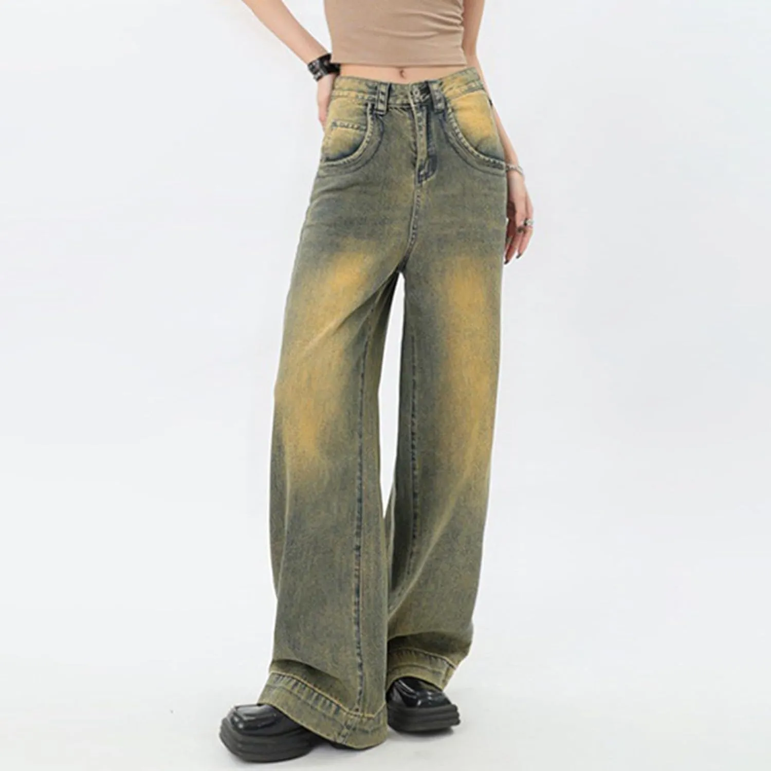 Straight Leg Jeans for Women High Waisted Frayed Baggy Pants Raw Hem Loose Floor Length Wide Leg Boyfriends Jeans