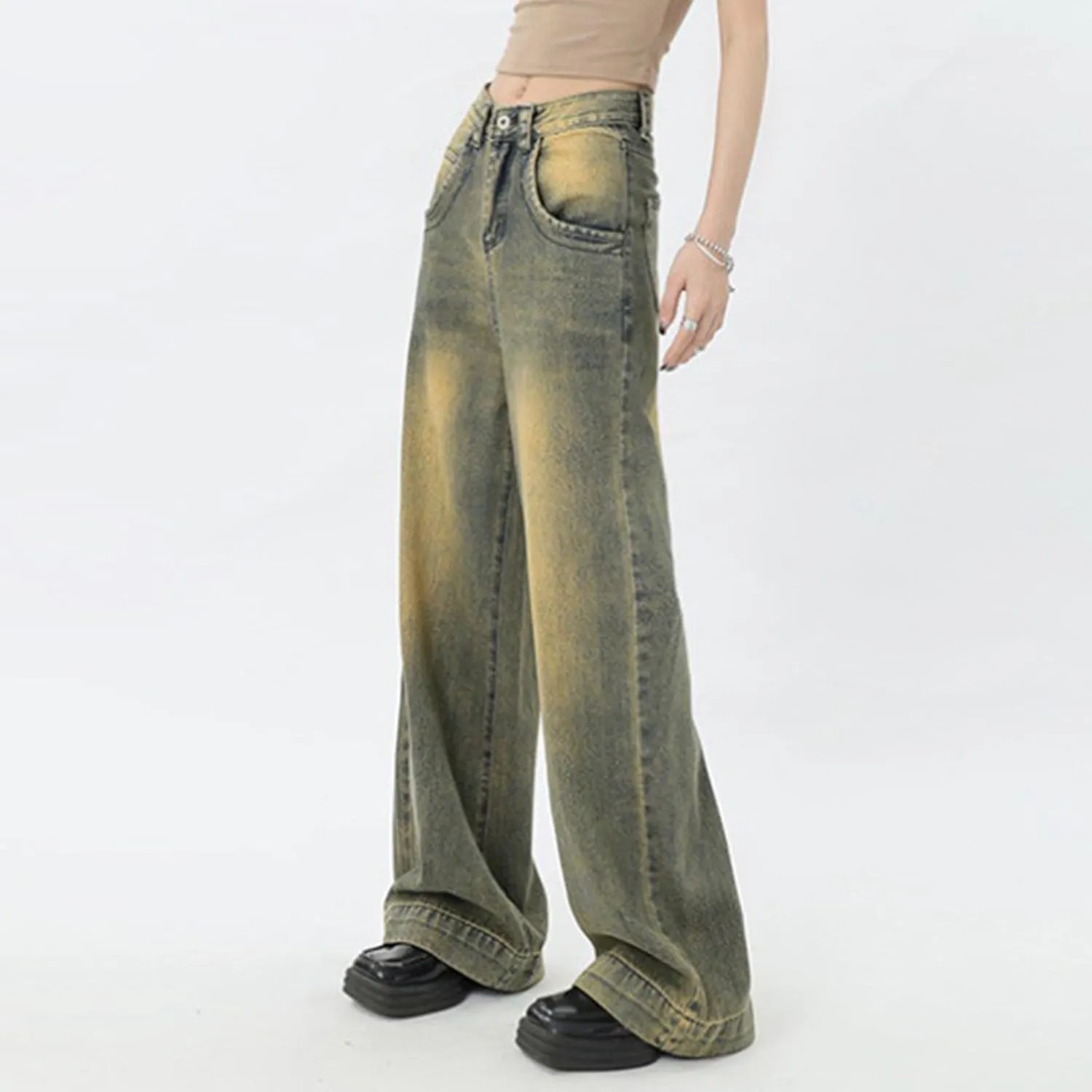 Straight Leg Jeans for Women High Waisted Frayed Baggy Pants Raw Hem Loose Floor Length Wide Leg Boyfriends Jeans