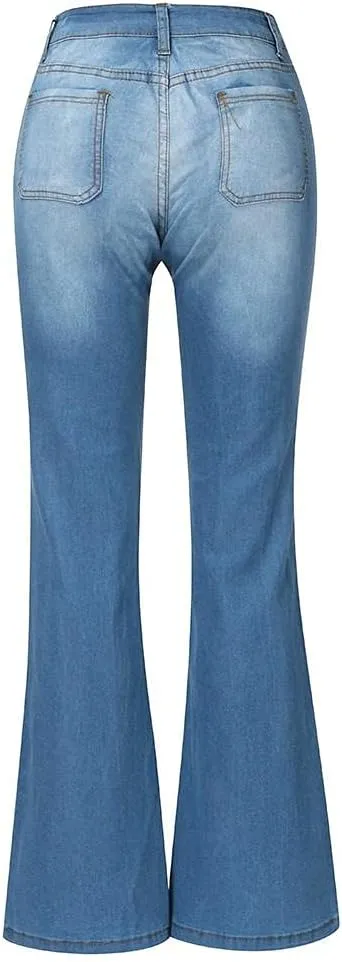 Stretchy Bell Bottoms Jeans Classic High Waist Destroyed Raw Hem Bootcut Flared Denim Pants Plus Size