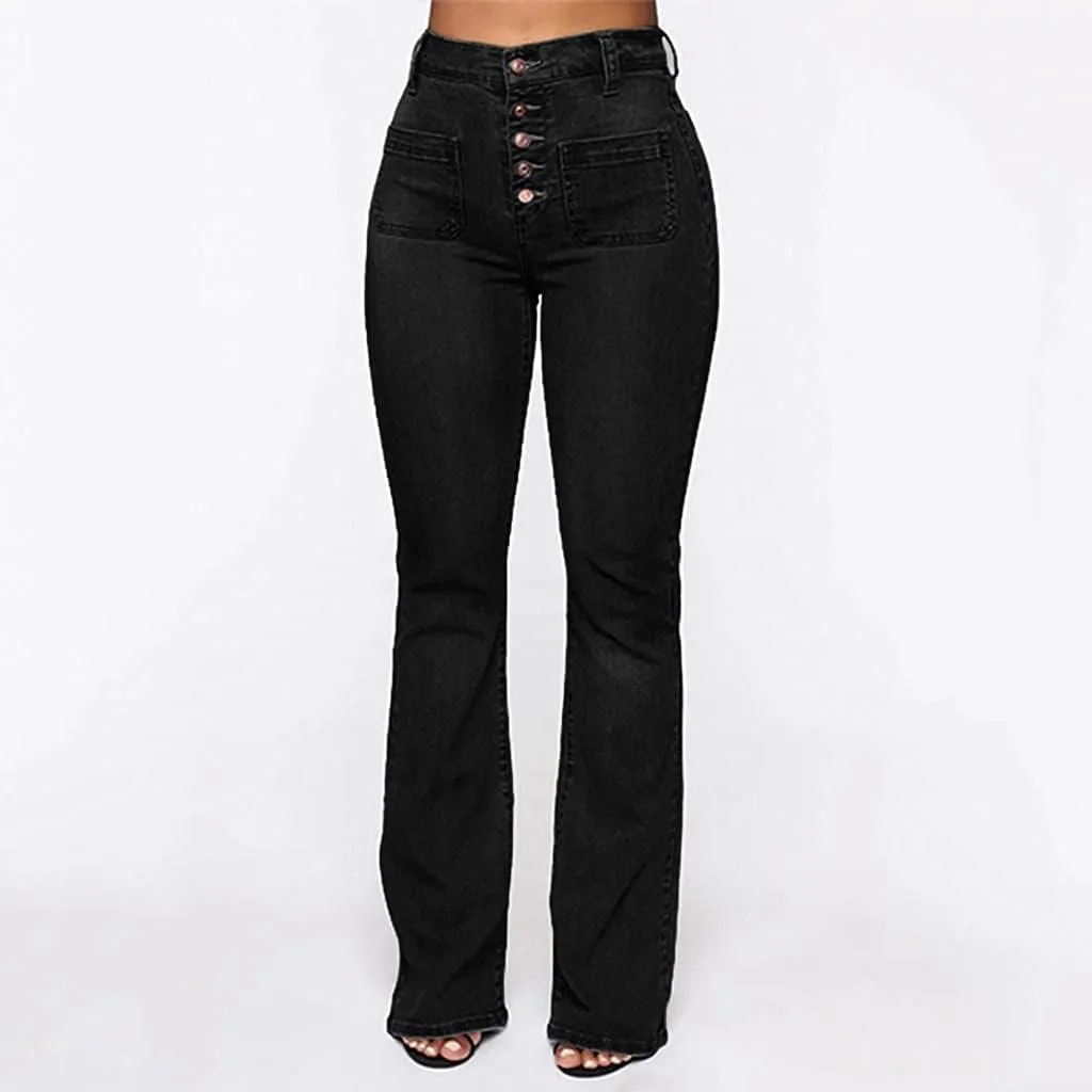 Stretchy Bell Bottoms Jeans Classic High Waist Destroyed Raw Hem Bootcut Flared Denim Pants Plus Size