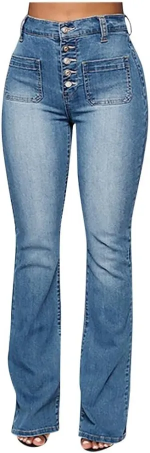 Stretchy Bell Bottoms Jeans Classic High Waist Destroyed Raw Hem Bootcut Flared Denim Pants Plus Size