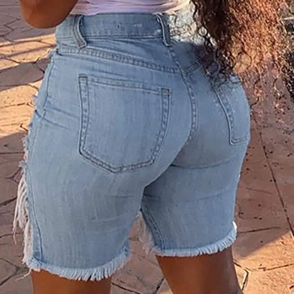 Summer Jean Shorts for Women Sexy High Waisted Ripped Destroyed Frayed Raw Hem Denim Shorts with Pockets